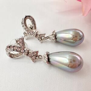 Vintage PCI Rhinestone Bow Gray Faux Pearl Teardrop Earrings Gala Awards Formal